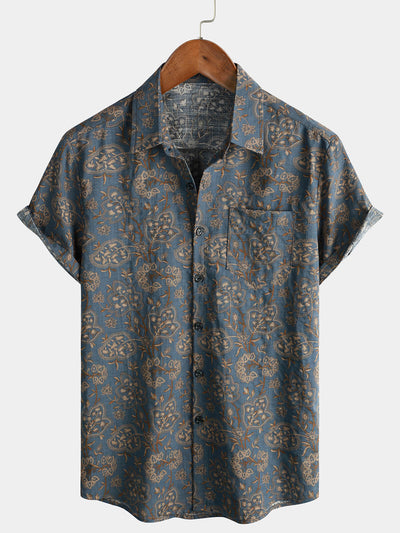 Camicia da uomo in cotone a maniche corte con stampa floreale