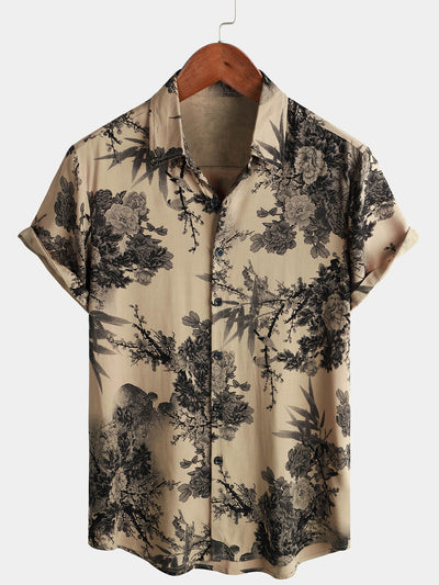 Camicia Khaki da Uomo a Maniche Corte in Stile Retro