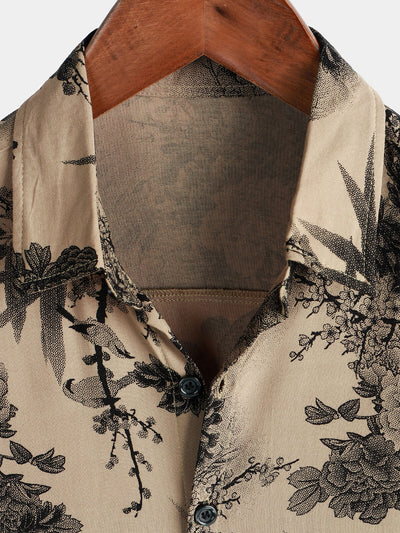 Camicia Khaki da Uomo a Maniche Corte in Stile Retro