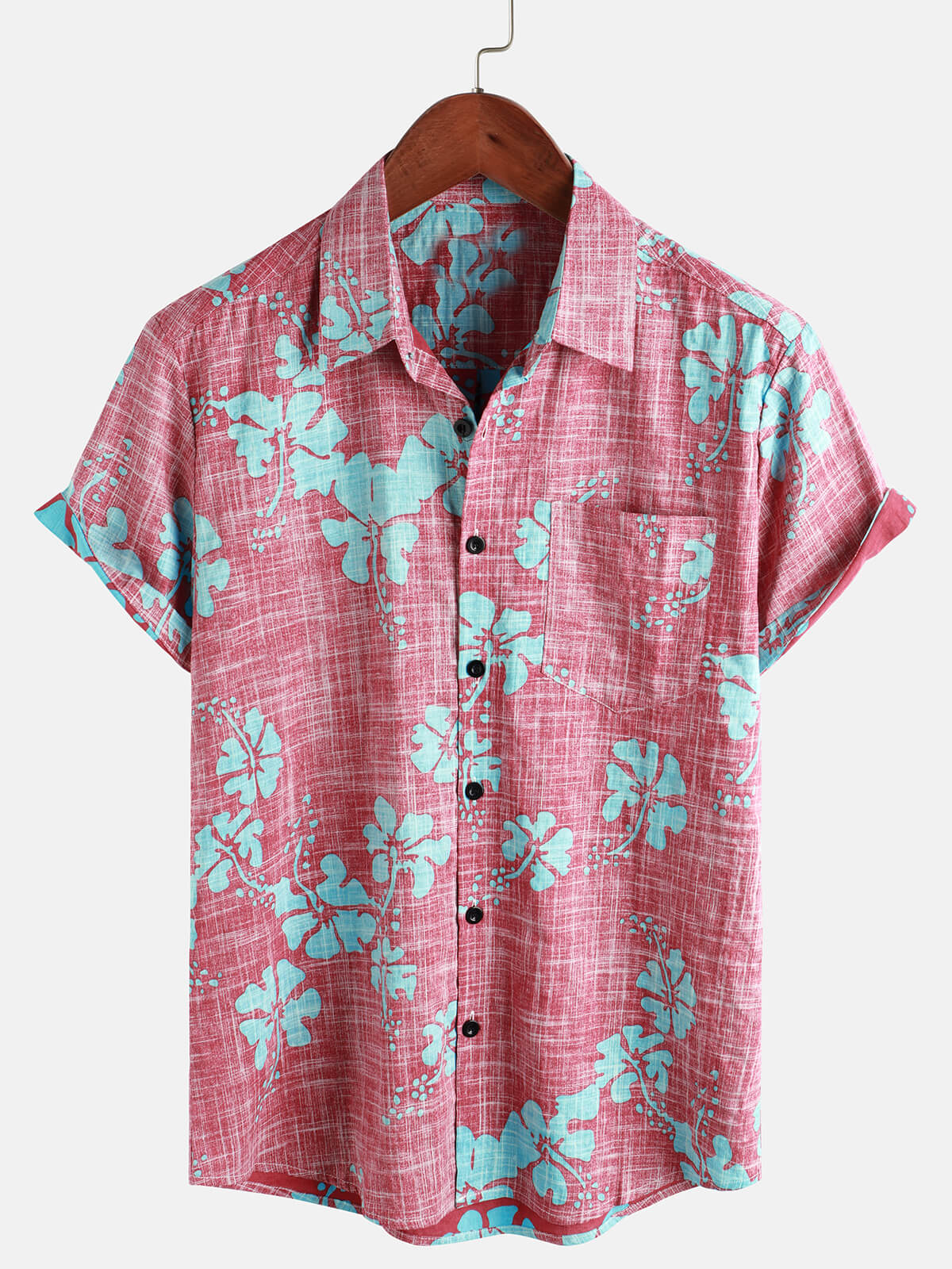 Camicia da uomo rossa a maniche corte con motivo floreale in stile Hawaii