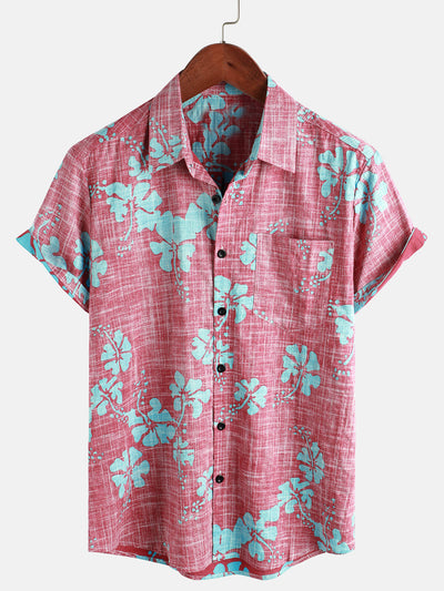 Camicia da uomo rossa a maniche corte con motivo floreale in stile Hawaii