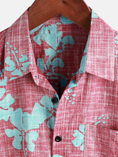 Camicia da uomo rossa a maniche corte con motivo floreale in stile Hawaii