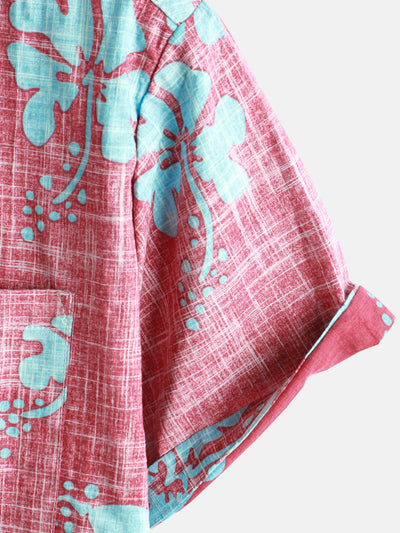 Camicia da uomo rossa a maniche corte con motivo floreale in stile Hawaii