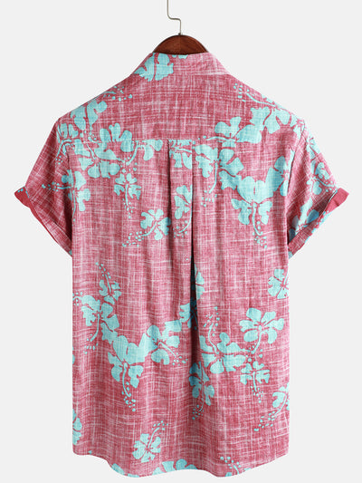 Camicia da uomo rossa a maniche corte con motivo floreale in stile Hawaii