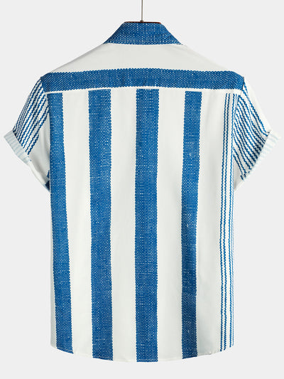 Camicia blu a righe da uomo a maniche corte per il tempo libero
