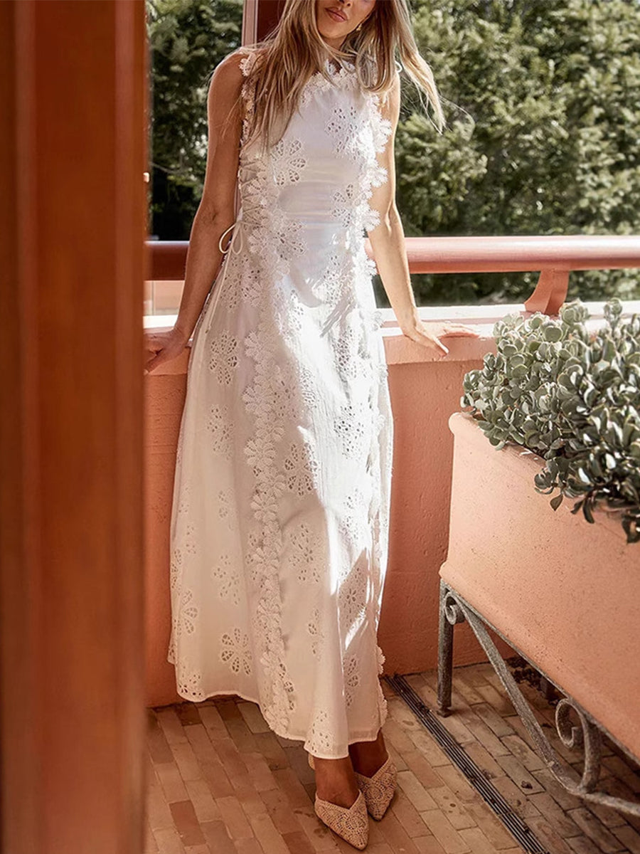 Éliora™ | Abito Maxi in Pizzo con Spalline a Nastro
