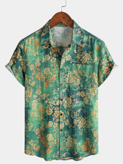 Camicia da uomo a maniche corte in cotone verde con stampa floreale