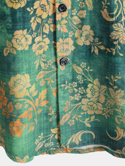 Camicia da uomo a maniche corte in cotone verde con stampa floreale