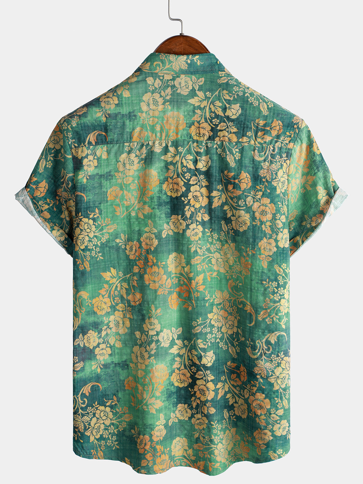 Camicia da uomo a maniche corte in cotone verde con stampa floreale