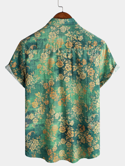 Camicia da uomo a maniche corte in cotone verde con stampa floreale