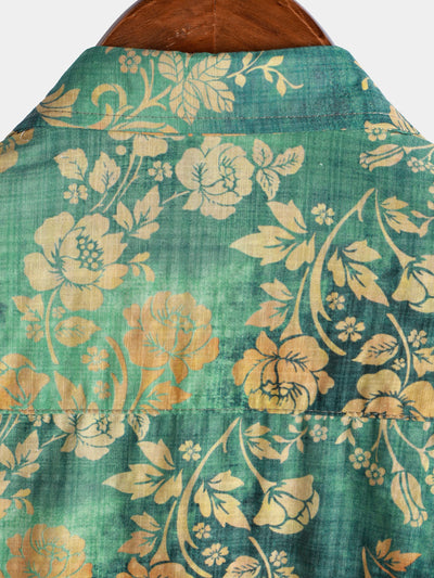 Camicia da uomo a maniche corte in cotone verde con stampa floreale