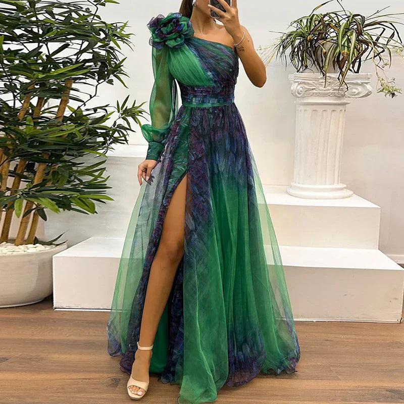 Judith™ | Maxi Dress con Spalla Unica in Rete Stampata
