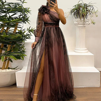 Judith™ | Maxi Dress con Spalla Unica in Rete Stampata