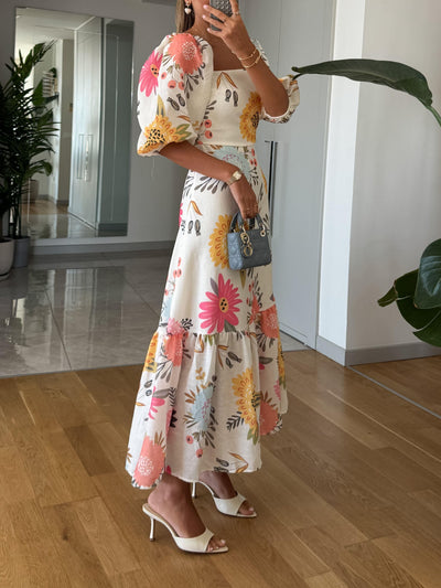 Beatrice™ | Abito Midi Floreale con Collo Quadrato