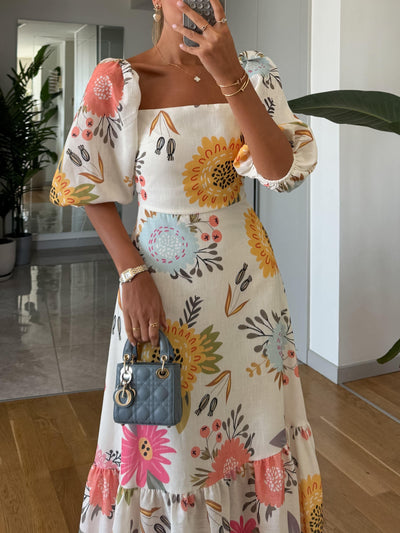 Beatrice™ | Abito Midi Floreale con Collo Quadrato