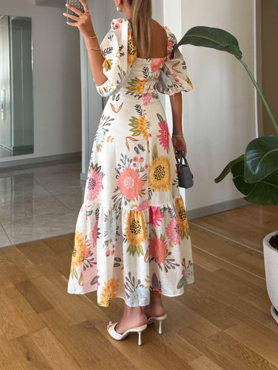 Beatrice™ | Abito Midi Floreale con Collo Quadrato